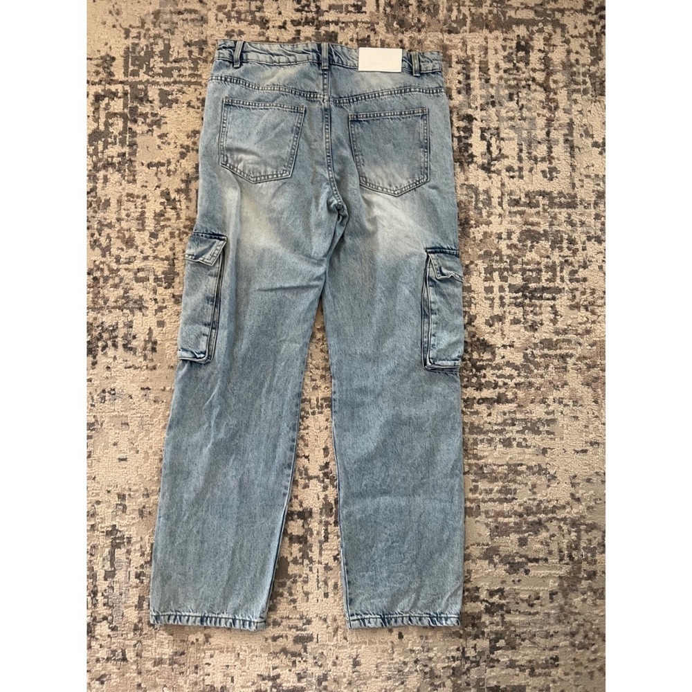 BoohooMAN Mens Light Wash Denim Cargo Jeans Multi Pocket Streetwear Blue US 34 - Picture 8 of 8